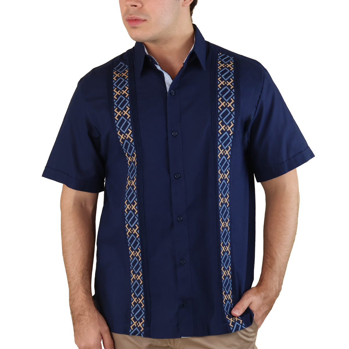 Camisa Tipo Guayabera Azul Marino con Bordado y Alforzas para Hombre