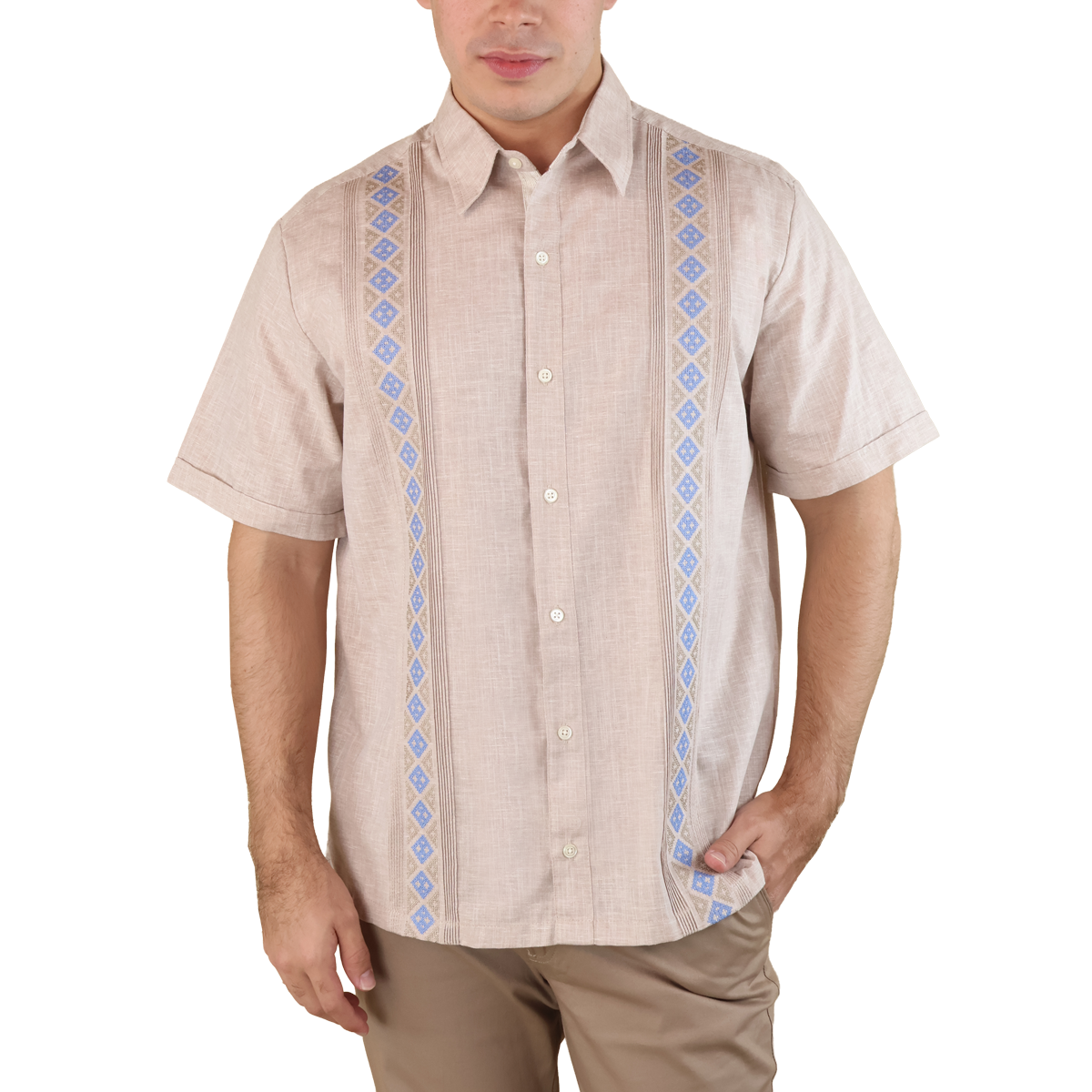 Camisa Tipo Guayabera Caqui Moderna Hombre con Bordado y Alforzas